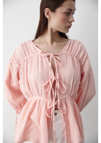 Pembe %100 Pamuk Kolu Lastikli Müslin Gömlek