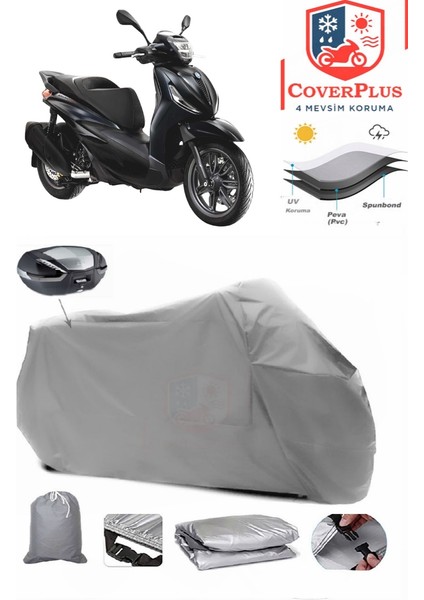 Piaggio Beverly S 400 Motor Brandası Gri Arka Çanta Uyumlu Motorsiket Brandası Motor Örtüsü Çadır Su Geçirmez Motosiklet Kılıfı Motor Brandası