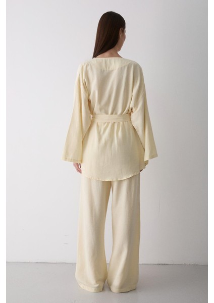 Sarı Pamuklu Kimono Bol Paça Pantolon Takım
