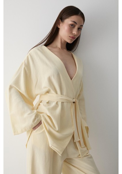 Sarı Pamuklu Kimono Bol Paça Pantolon Takım