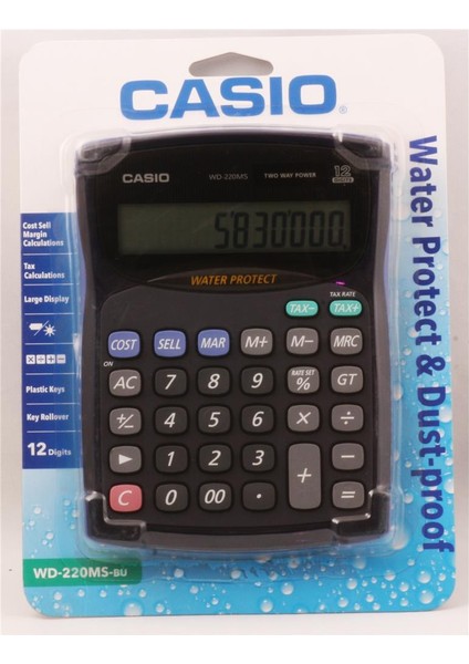 Casio WD-220MS-BU 12 Hane Suya-Toza Dayanıklı Masa Üstü Hesap Makinesi