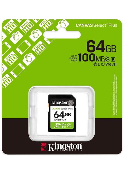 Kingston SDS3-64GB 64GB Sdxc Canvas Select Plus Gen3 100MB-S C10 Uhs-I U1 V10 Hafıza Kartı