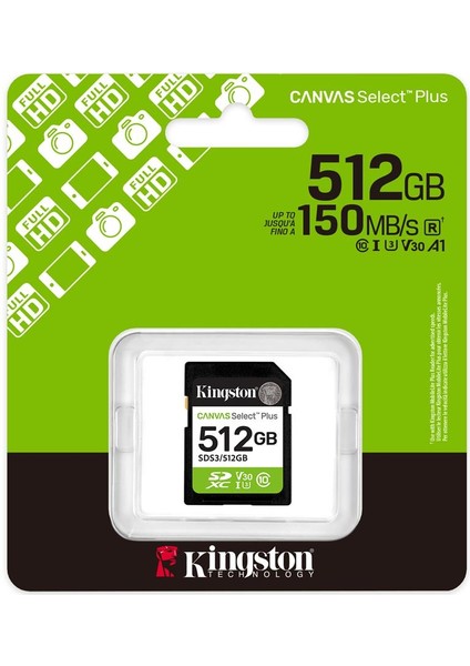 Kingston SDS3-512GB 512GB Sdxc Canvas Select Plus Gen3 150MB-S C10 Uhs-I U3 V30 Hafıza Kartı