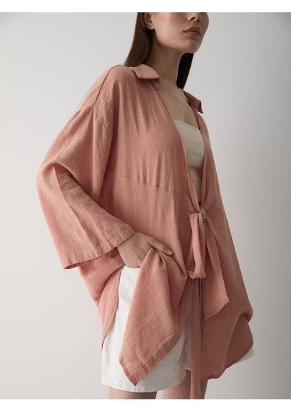 Somon Flam Keten Kimono Gömlek