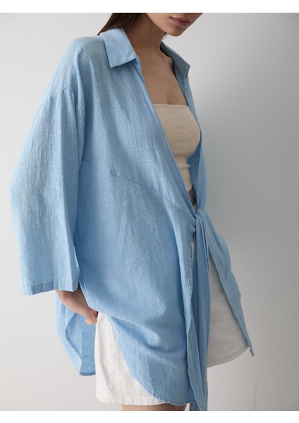 Mavi Flam Keten Kimono Gömlek