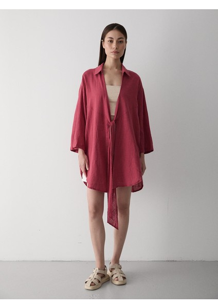 Bordo Flam Keten Kimono Gömlek