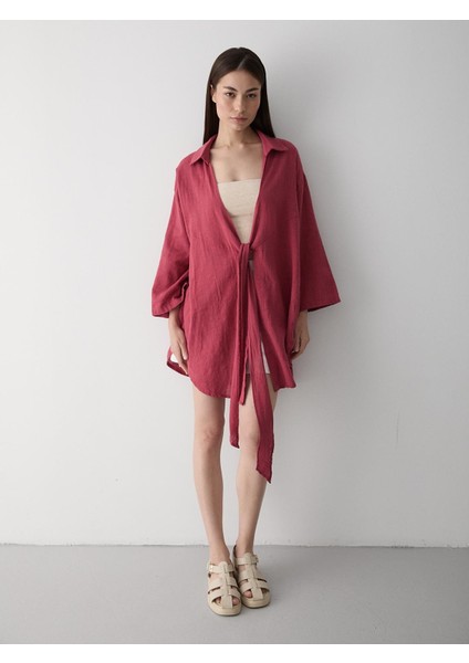 Bordo Flam Keten Kimono Gömlek