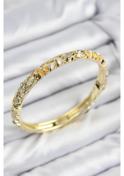 Mineli Pirinç Zirkon Taşlı Sarı Krem Çiçek Motifli Gold Kadın Kelepçe