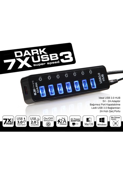 Dark DK-AC-USB371 7+1 Hızlı Şarj Adaptörlü fiyatları