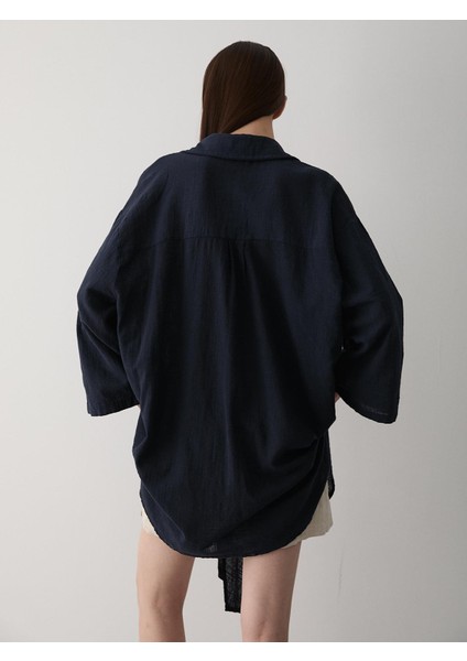 Lacivert Flam Keten Kimono Gömlek