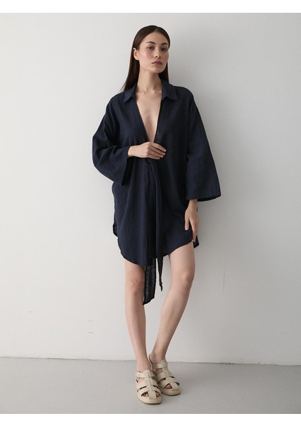 Lacivert Flam Keten Kimono Gömlek
