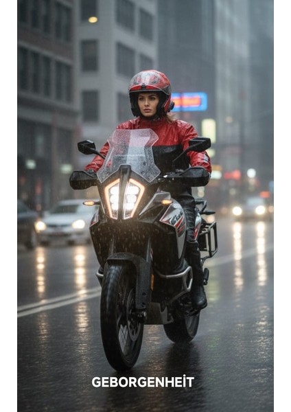 Kırmızı Motorcu Yağmurluk File Astarlı Motosiklet Yağmurluğu Cepli