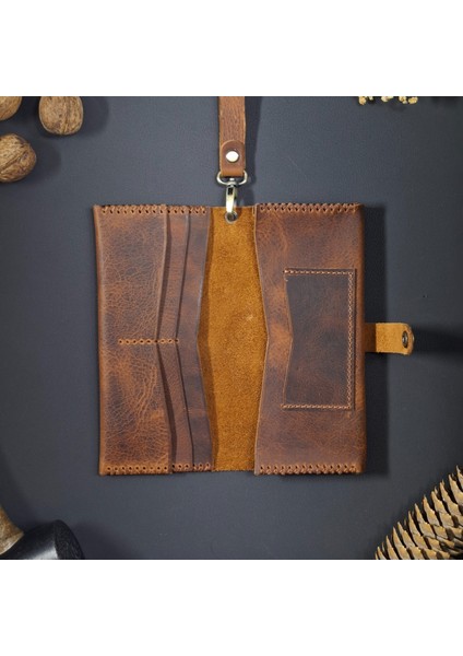 Uzun Cüzdan Bilek Askılı Gerçek Deri El Yapımı Telefon Çantası