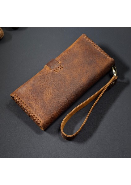 Uzun Cüzdan Bilek Askılı Gerçek Deri El Yapımı Telefon Çantası