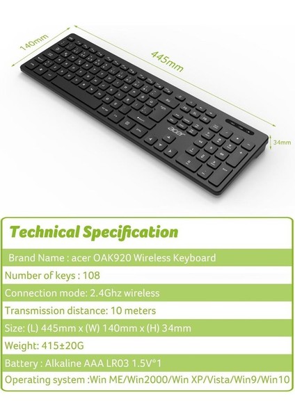 Acer OAK-920 Siyah Kablosuz Klavye 2.4ghz Caps Lock (Smart Tv- Wifi)