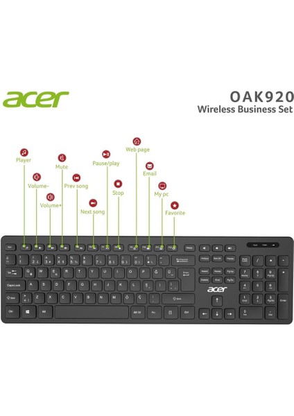 Acer OAK-920 Siyah Kablosuz Klavye 2.4ghz Caps Lock (Smart Tv- Wifi) fiyatları