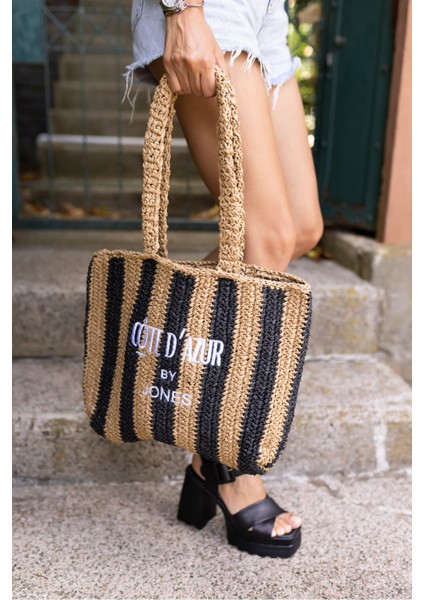 Coosh Kadin Lacivert Beyaz Çizgili Raffia Hasir El Örgusu Plaj Çanta
