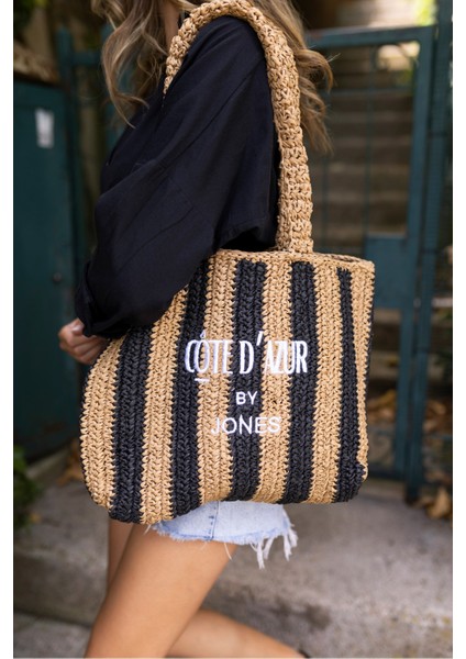 Coosh Kadin Lacivert Beyaz Çizgili Raffia Hasir El Örgusu Plaj Çanta fiyatları