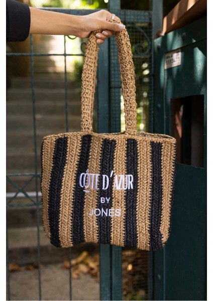 Coosh Kadin Lacivert Beyaz Çizgili Raffia Hasir El Örgusu Plaj Çanta modelleri