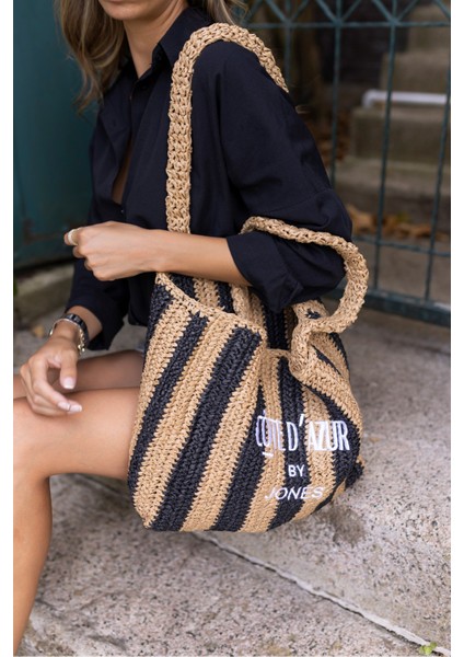 Coosh Kadin Lacivert Beyaz Çizgili Raffia Hasir El Örgusu Plaj Çanta fırsatları