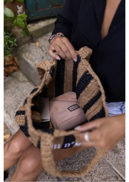 Coosh Kadin Lacivert Beyaz Çizgili Raffia Hasir El Örgusu Plaj Çanta