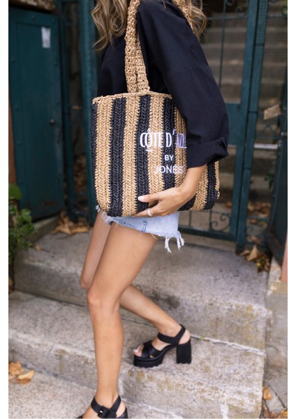 Coosh Kadin Lacivert Beyaz Çizgili Raffia Hasir El Örgusu Plaj Çanta