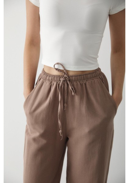 Vizon Beli Lastikli Pamuklu Keten Pantolon