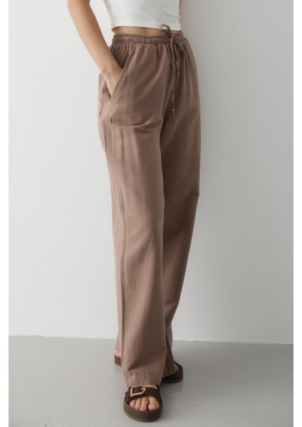 Vizon Beli Lastikli Pamuklu Keten Pantolon