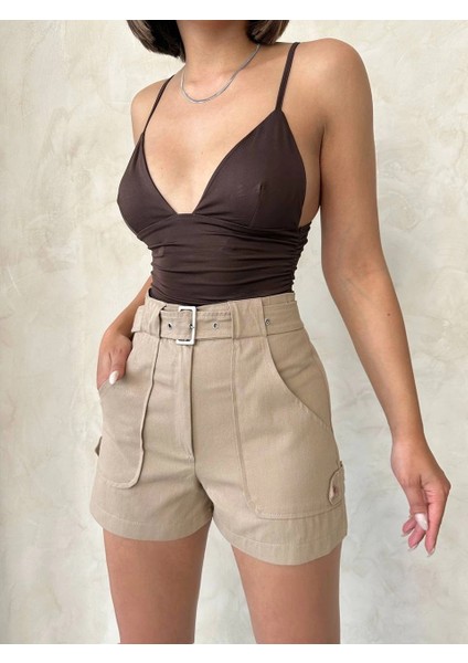 Kemer Detaylı Gabardin Şort Bej S25289