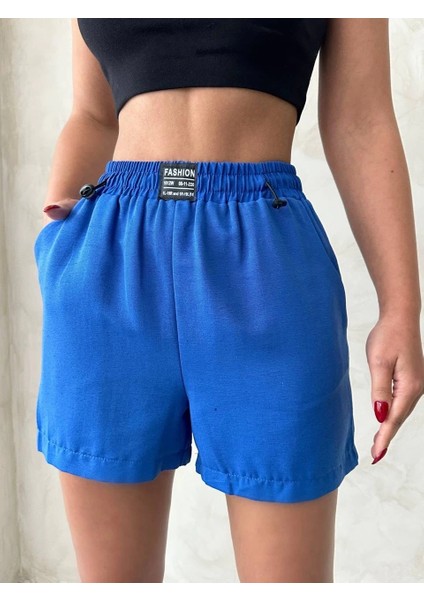 Armalı Keten Şort Saks Mavisi S251003