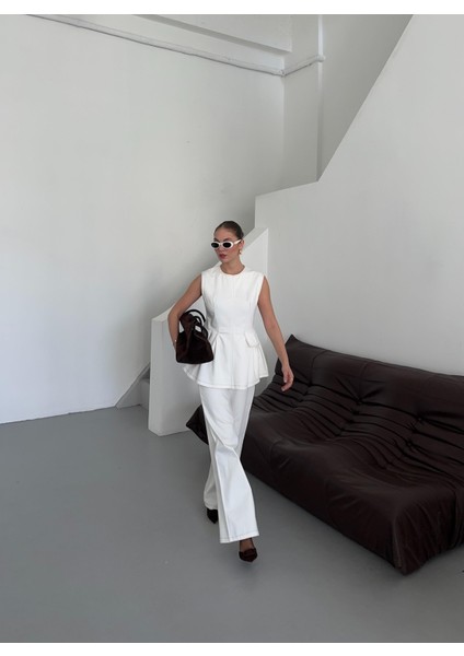 Beyaz Leandra Tasarım Bluz Pantolon Takım