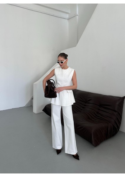 Beyaz Leandra Tasarım Bluz Pantolon Takım