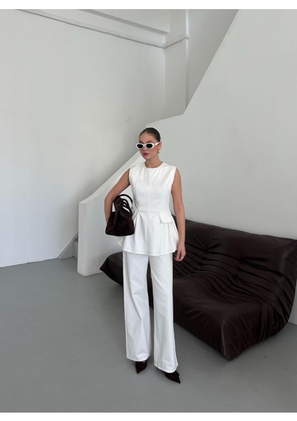 Beyaz Leandra Tasarım Bluz Pantolon Takım