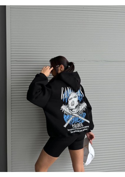 3 Iplik Şardonlu Oversize Kafa Baskılı Sweat Siyah