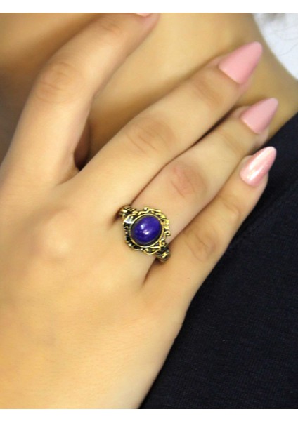 Doğal Taş Lapis Doğal Taşlı Antik Model Kadın Ayarlanabillir Yüzük EUY80L