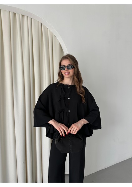 Siyah Yarasa Kol Bağcık Düğme Detaylı Takım