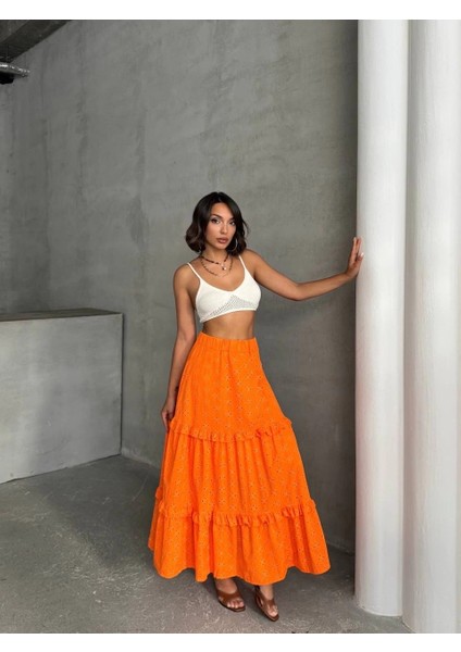 Fırfırlı Brodeli Astarlı Uzun Etek Turuncu S255047