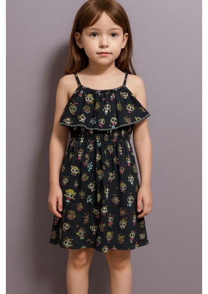Karikatür Baskılı Askılı Kız Çocuk Elbisesi Lacivert
