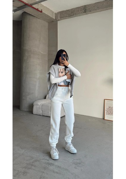 3 Iplik Şardonlu Paça Lastikli Eşofman Beyaz IS001