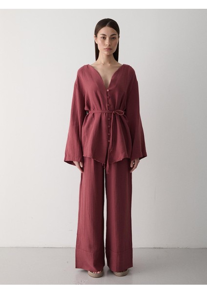 Kiremit Renkli Kadın Gömlek Pantolon Takım %100 Pamuk Şık Tasarım