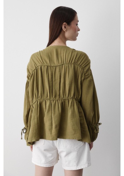 Haki %100 Pamuk Kolu Lastikli Müslin Gömlek