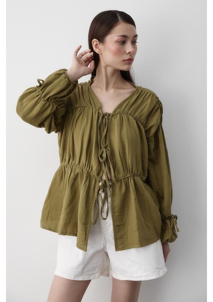 Haki %100 Pamuk Kolu Lastikli Müslin Gömlek