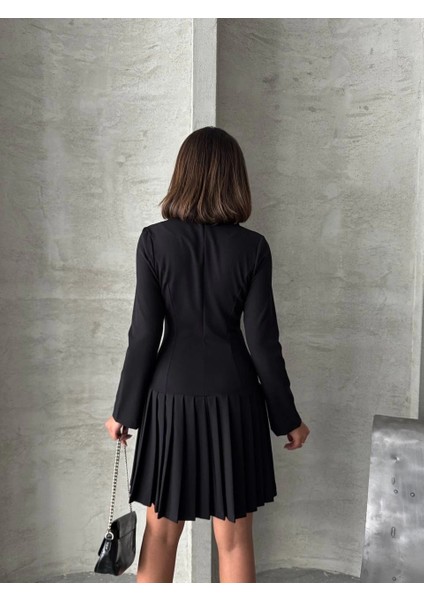 Altı Piliseli Uzun Kollu Ceket Elbise Siyah S255016