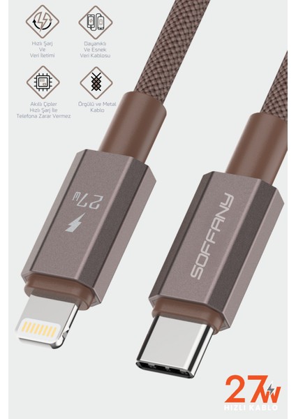 27W Örgülü Lightning To Type-C Şarj Kablosu Kahverengi