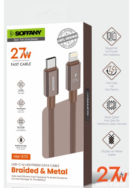 27W Örgülü Lightning To Type-C Şarj Kablosu Kahverengi fiyatları