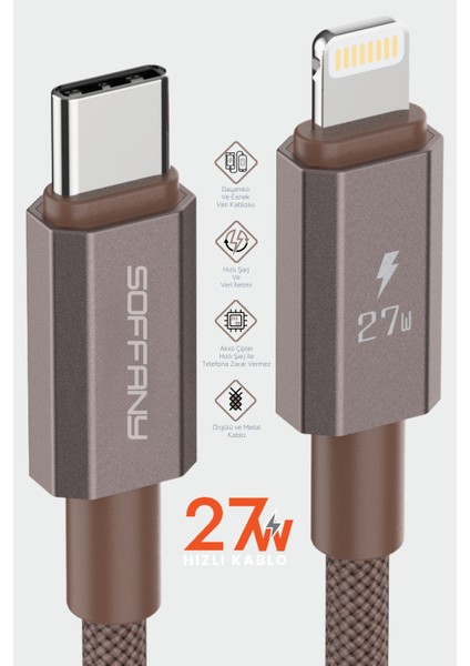 27W Örgülü Lightning To Type-C Şarj Kablosu Kahverengi modelleri