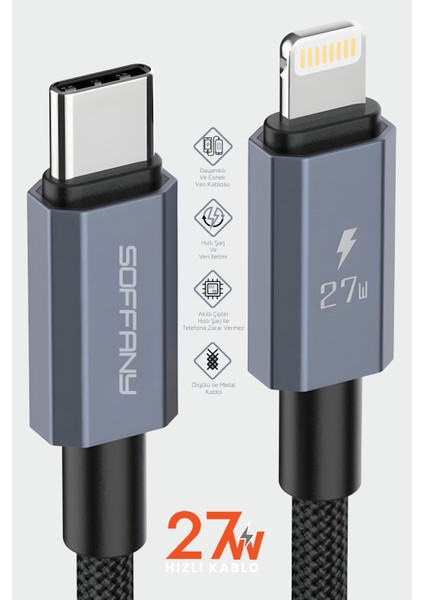 27W Örgülü Lightning To Type-C Şarj Kablosu Siyah