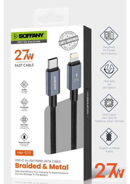 27W Örgülü Lightning To Type-C Şarj Kablosu Siyah modelleri