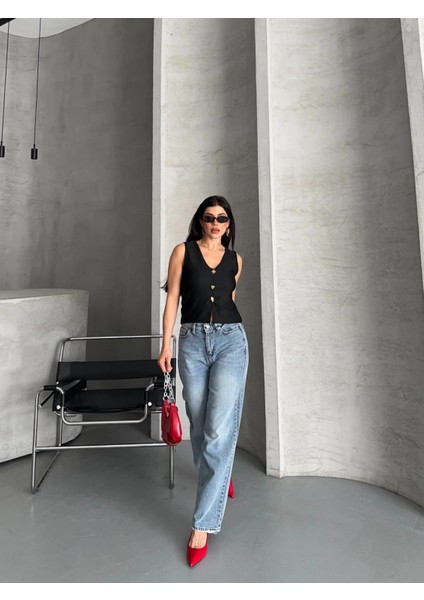 Palazzo Straight Kar Yıkama Jeans Pantolon Mavi D2008 fiyatları