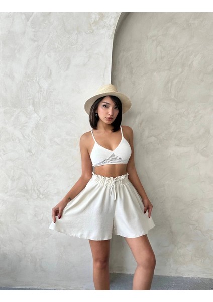 Volanlı Keten Şort Bej S255058